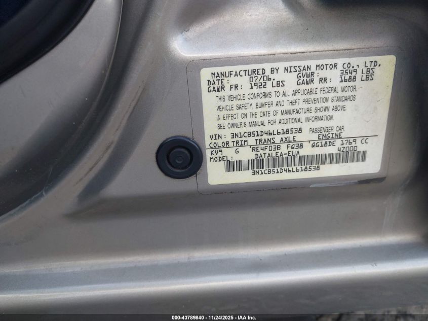 2006 Nissan Sentra 1.8S VIN: 3N1CB51D46L618538 Lot: 43789840