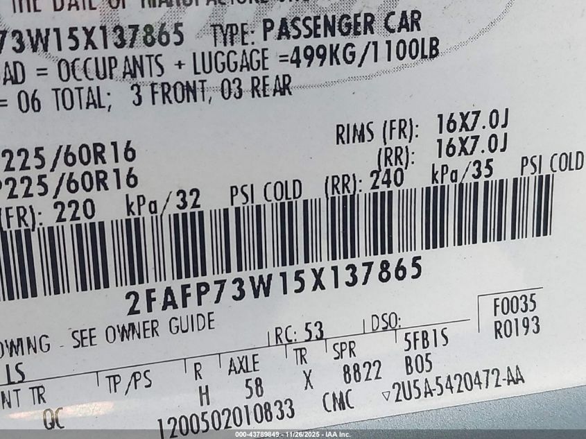 2005 Ford Crown Victoria Standard VIN: 2FAFP73W15X137865 Lot: 43789849