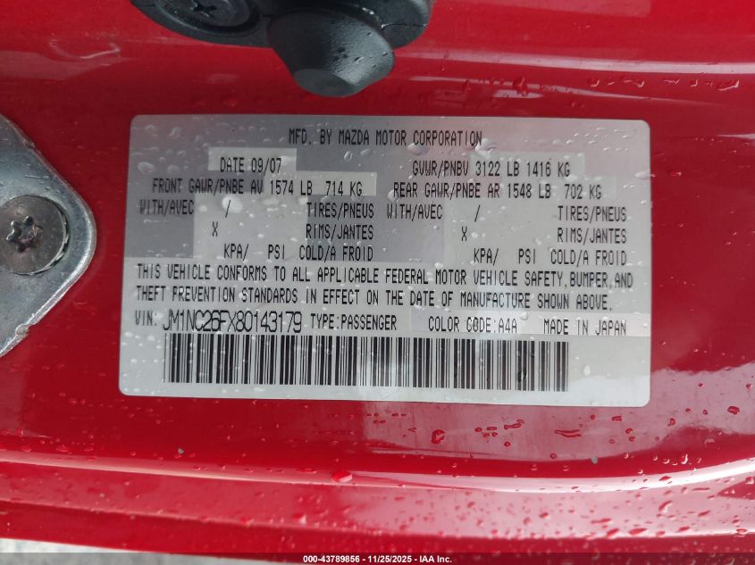 2008 Mazda Mx-5 Sport VIN: JM1NC26FX80143179 Lot: 43789856