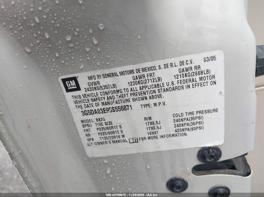 2005 Buick Rendezvous Cx VIN: 3G5DA03E95S556871 Lot: 43789870