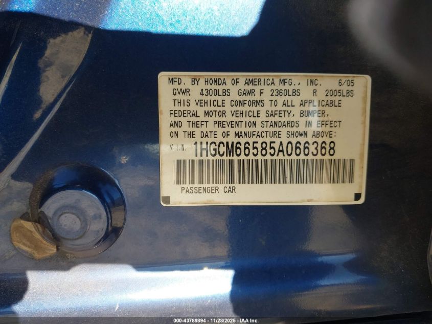 2005 Honda Accord 3.0 Ex VIN: 1HGCM66585A066368 Lot: 43789894
