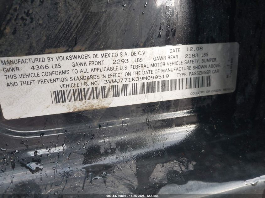 2009 Volkswagen Jetta S VIN: 3VWJZ71K39M099519 Lot: 43789896