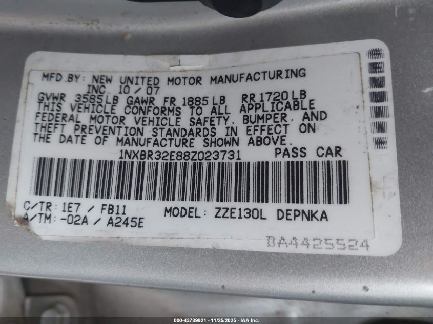 2008 Toyota Corolla Le VIN: 1NXBR32E88Z023731 Lot: 43789921