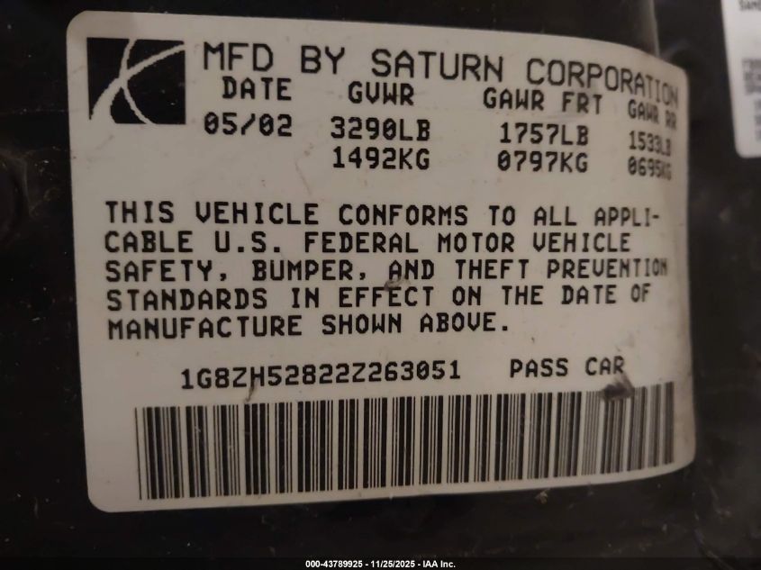 2002 Saturn S-Series Sl1 VIN: 1G8ZH52822Z263051 Lot: 43789925