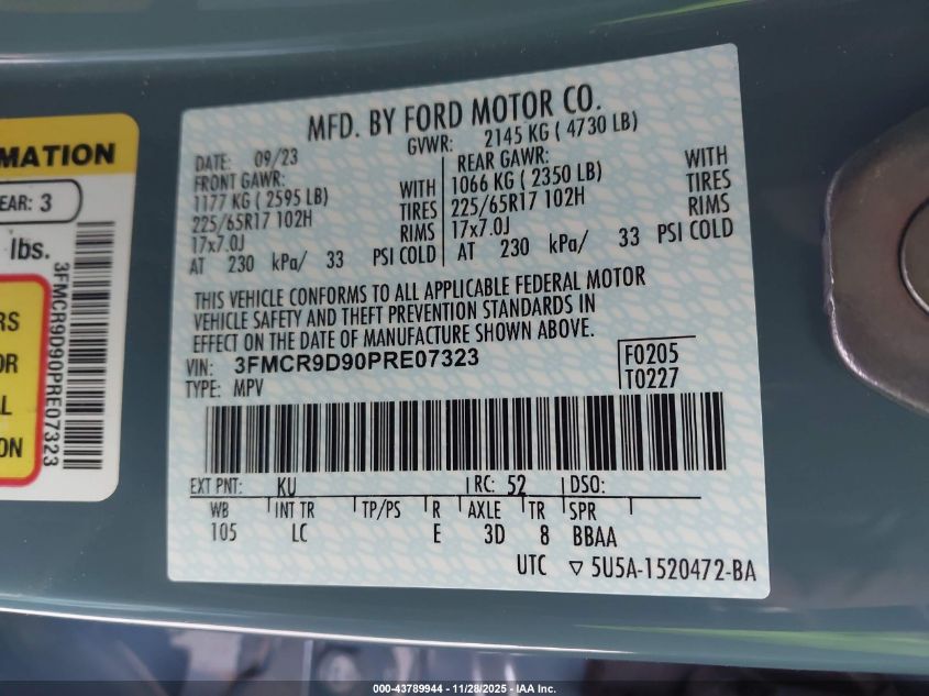 2023 Ford Bronco Sport Badlands VIN: 3FMCR9D90PRE07323 Lot: 43789944