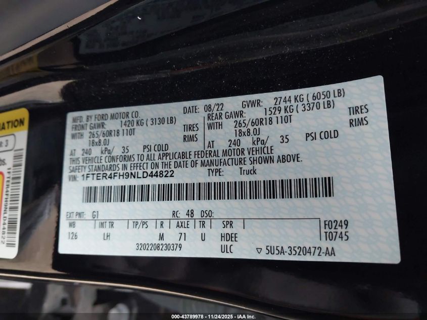 2022 Ford Ranger Xlt VIN: 1FTER4FH9NLD44822 Lot: 43789978