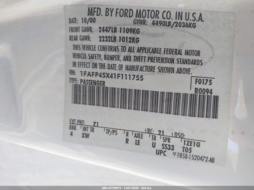 2001 Ford Mustang Gt VIN: 1FAFP45X41F111755 Lot: 43789979