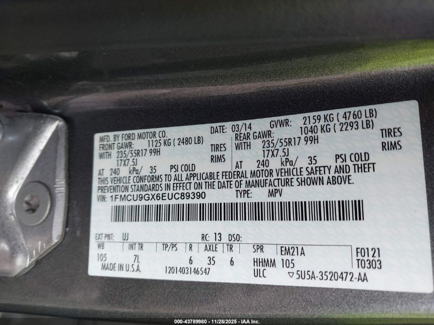 2014 Ford Escape Se VIN: 1FMCU9GX6EUC89390 Lot: 43789980