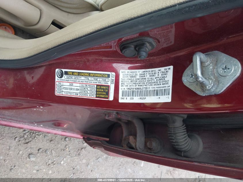 2008 Honda Civic Ex VIN: 1HGFA16868L073511 Lot: 43789981