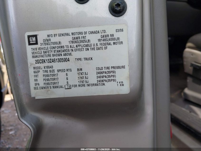 2006 Chevrolet Silverado 1500 Lt3 VIN: 2GCEK13Z461305904 Lot: 43789983