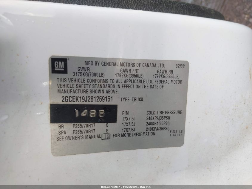 2008 Chevrolet Silverado 1500 Lt1 VIN: 2GCEK19J281269151 Lot: 43789987