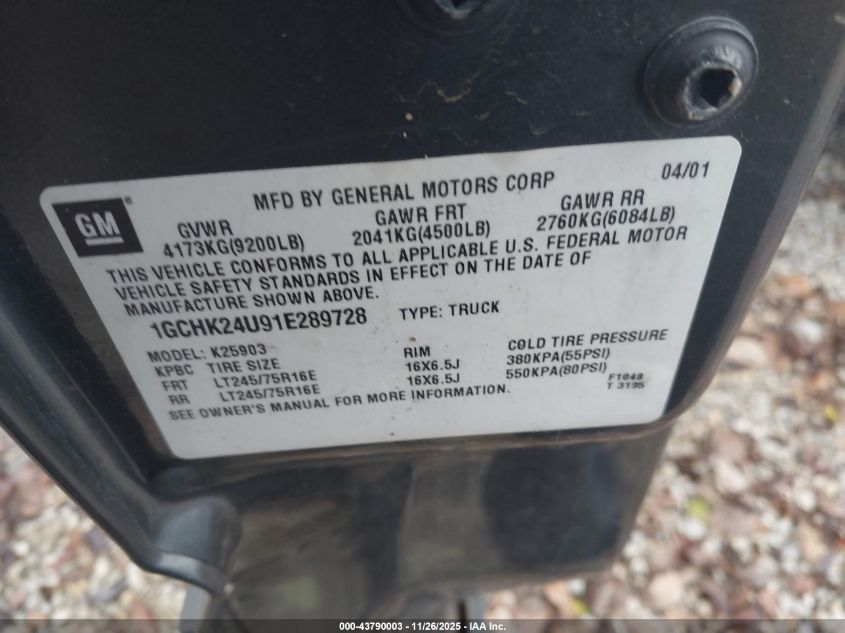 2001 Chevrolet Silverado 2500Hd Ls VIN: 1GCHK24U91E289728 Lot: 43790003
