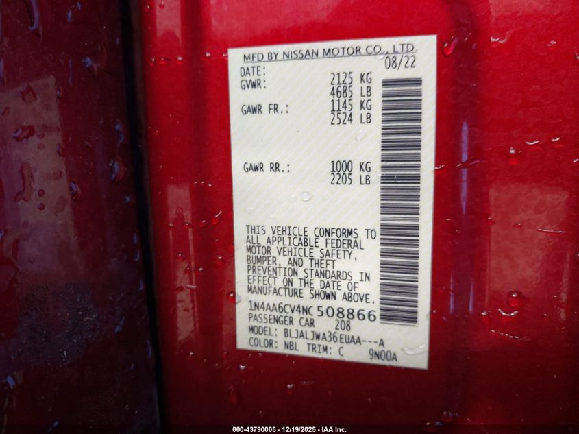 2022 Nissan Maxima Sv Xtronic Cvt VIN: 1N4AA6CV4NC508866 Lot: 43790005