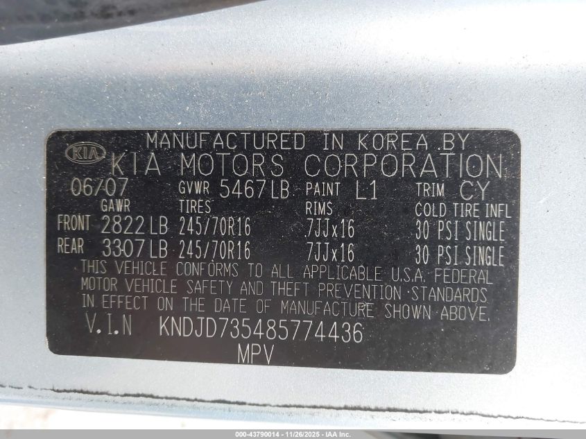 2008 Kia Sorento Lx VIN: KNDJD735485774436 Lot: 43790014