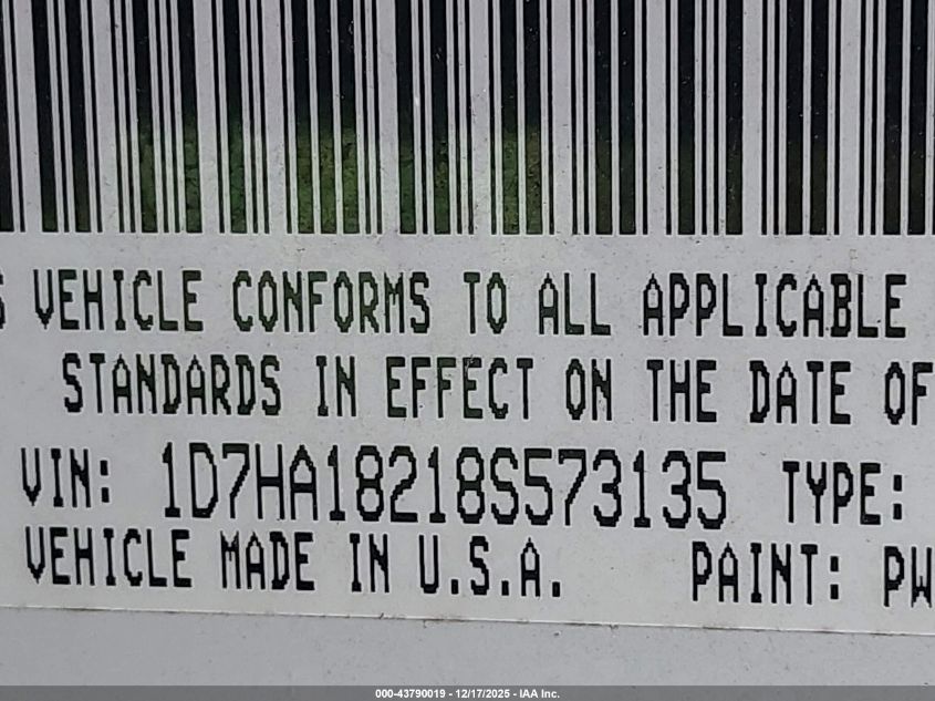 2008 Dodge Ram 1500 Slt VIN: 1D7HA18218S573135 Lot: 43790019
