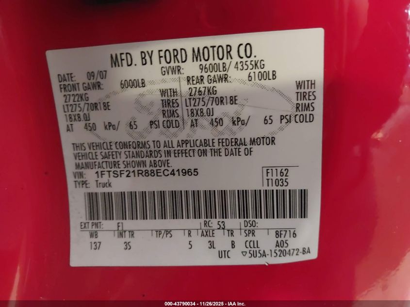 2008 Ford F-250 Xl/Xlt VIN: 1FTSF21R88EC41965 Lot: 43790034