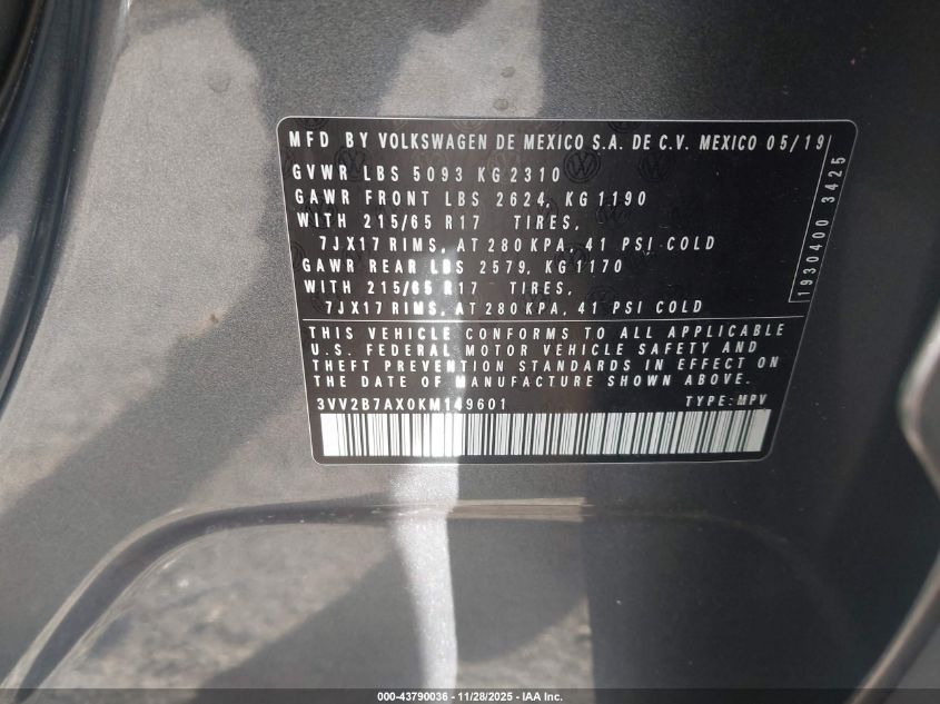 2019 Volkswagen Tiguan 2.0T Se/2.0T Sel/2.0T Sel R-Line/2.0T Sel R-Line Black VIN: 3VV2B7AX0KM149601 Lot: 43790036