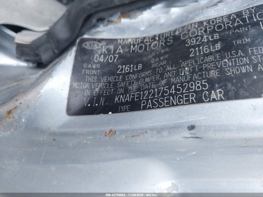 2007 Kia Spectra Ex VIN: KNAFE122175452985 Lot: 43790062