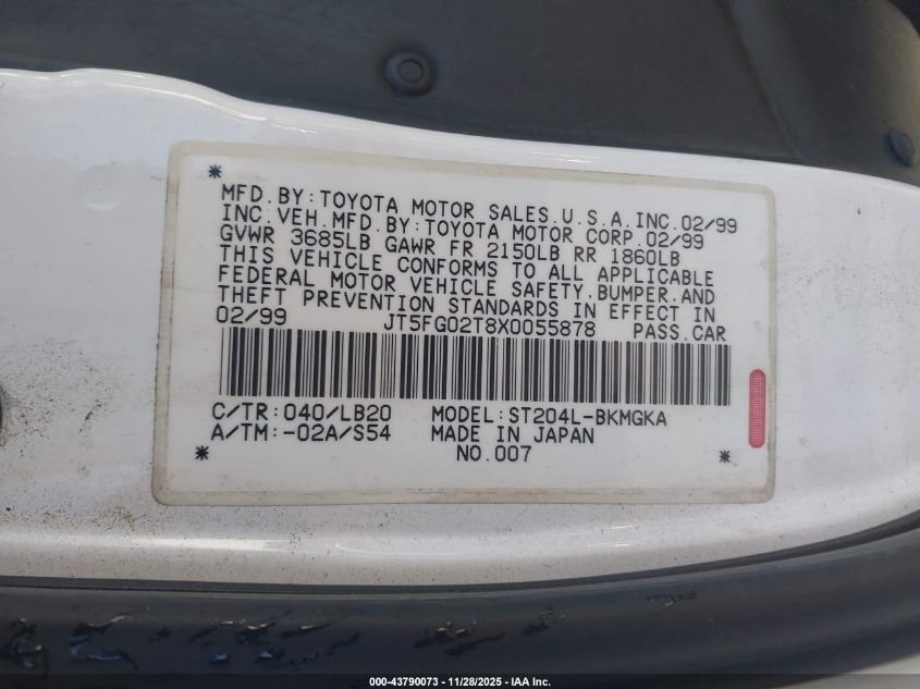 1999 Toyota Celica Gt VIN: JT5FG02T8X0055878 Lot: 43790073