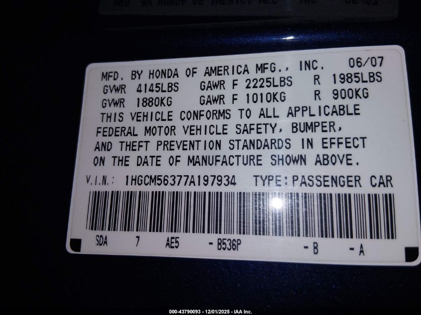 2007 Honda Accord 2.4 Se VIN: 1HGCM56377A197934 Lot: 43790093