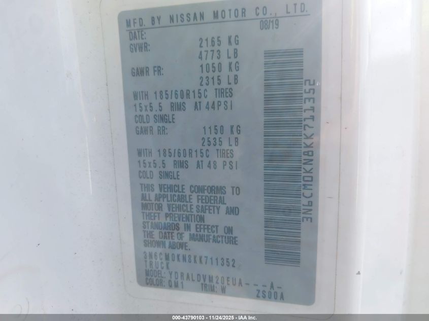 2019 Nissan Nv200 S VIN: 3N6CM0KN8KK711352 Lot: 43790103