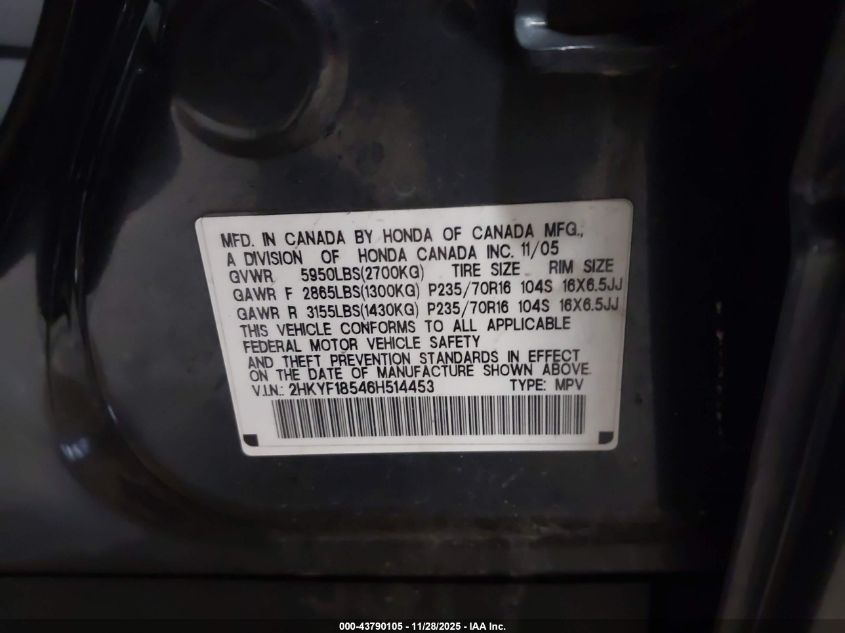 2006 Honda Pilot Ex-L VIN: 2HKYF18546H514453 Lot: 43790105