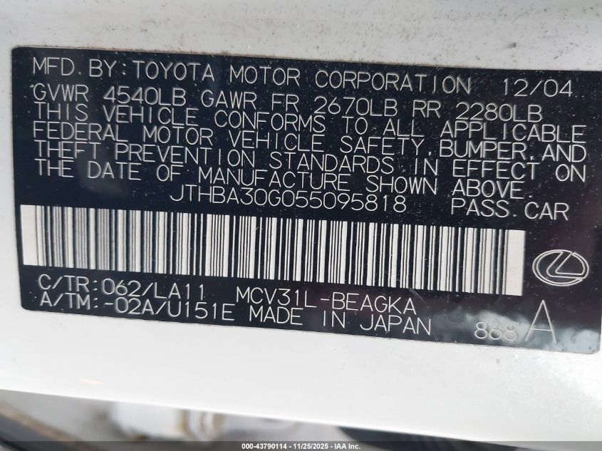 2005 Lexus Es 330 VIN: JTHBA30G055095818 Lot: 43790114