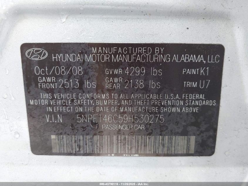 2009 Hyundai Sonata Gls VIN: 5NPET46C59H530275 Lot: 43790116