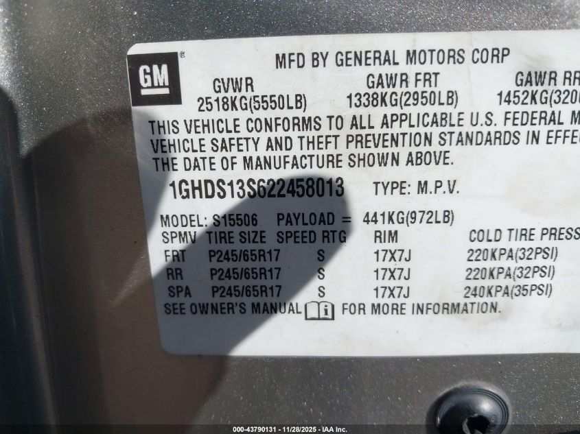 2002 Oldsmobile Bravada VIN: 1GHDS13S622458013 Lot: 43790131