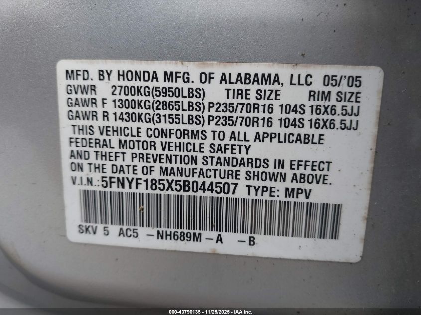 2005 Honda Pilot Ex-L VIN: 5FNYF185X5B044507 Lot: 43790135