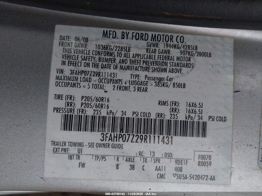 2009 Ford Fusion Se VIN: 3FAHP07Z29R111431 Lot: 43790142