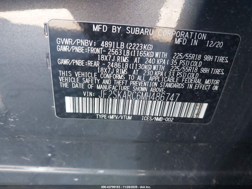 2021 Subaru Forester Sport VIN: JF2SKARC6MH486747 Lot: 43790153