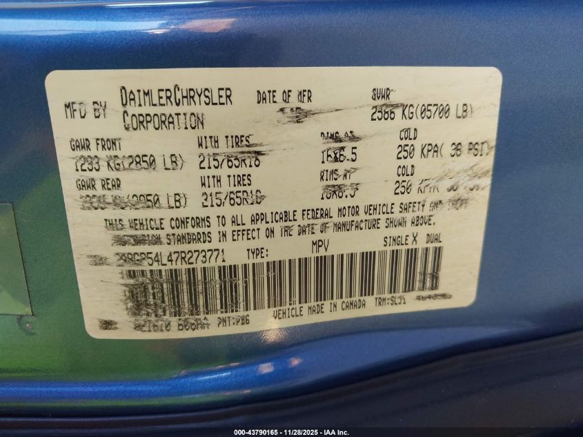 2007 Chrysler Town & Country Touring VIN: 2A8GP54L47R273771 Lot: 43790165