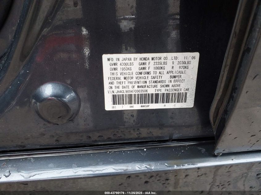 2007 Acura Tsx VIN: JH4CL96947C003506 Lot: 43790176