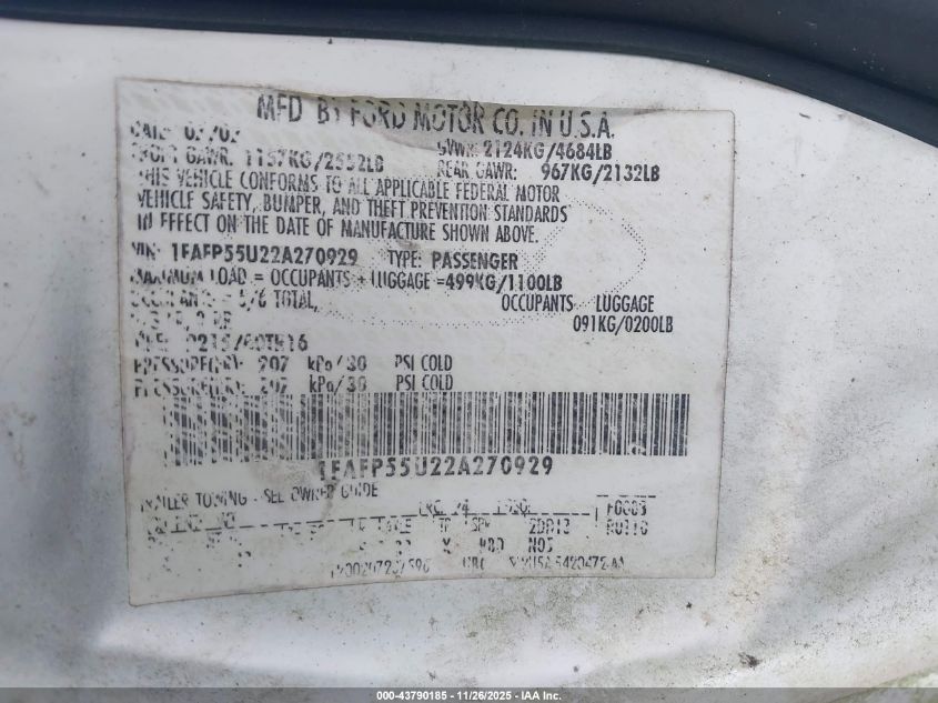 2002 Ford Taurus Ses VIN: 1FAFP55U22A270929 Lot: 43790185