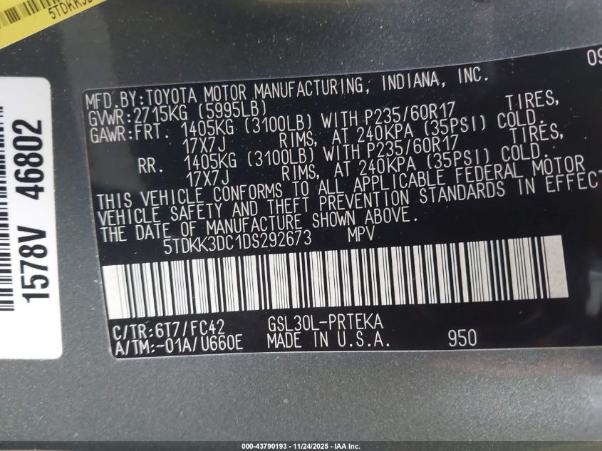 2013 Toyota Sienna Le V6 8 Passenger VIN: 5TDKK3DC1DS292673 Lot: 43790193