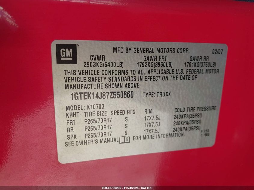 2007 GMC Sierra 1500 Sle1 VIN: 1GTEK14J87Z550660 Lot: 43790205