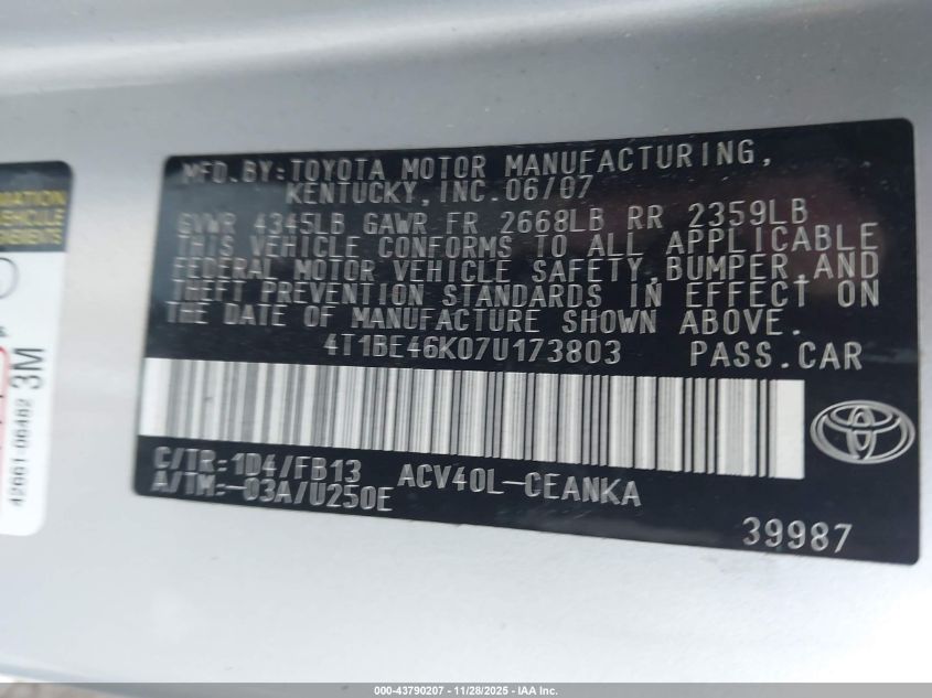 2007 Toyota Camry Le VIN: 4T1BE46K07U173803 Lot: 43790207