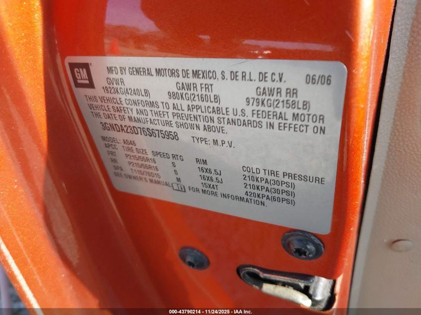 2006 Chevrolet Hhr Lt VIN: 3GNDA23D76S675958 Lot: 43790214