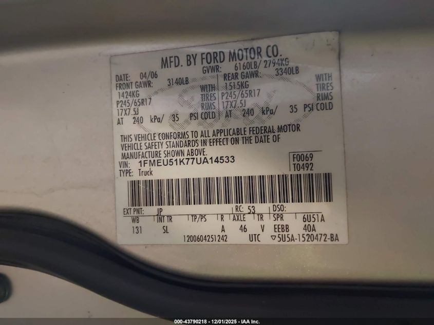 2007 Ford Explorer Sport Trac Xlt VIN: 1FMEU51K77UA14533 Lot: 43790218