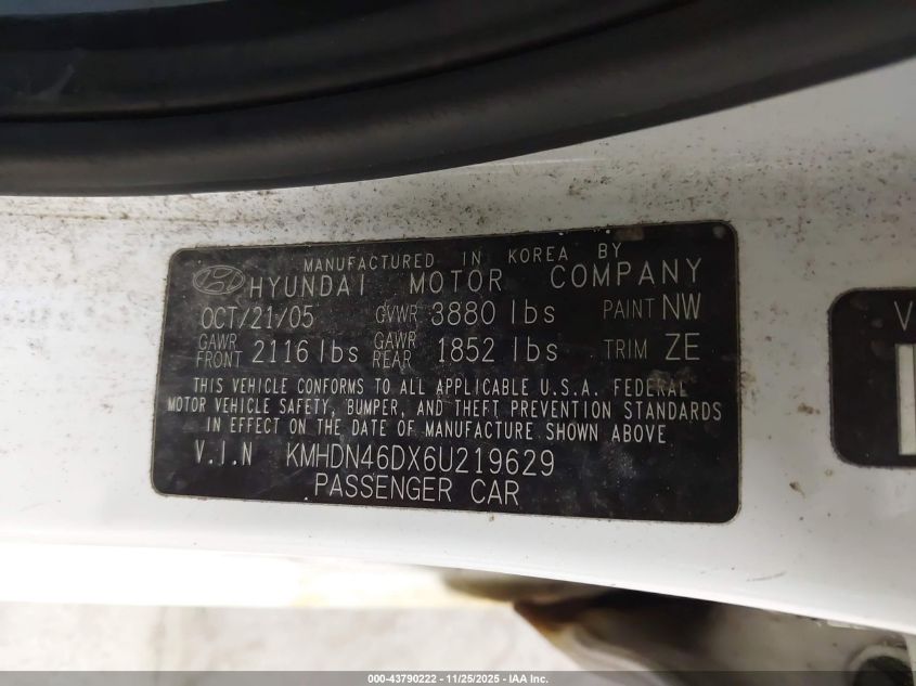 2006 Hyundai Elantra Gls/Limited VIN: KMHDN46DX6U219629 Lot: 43790222