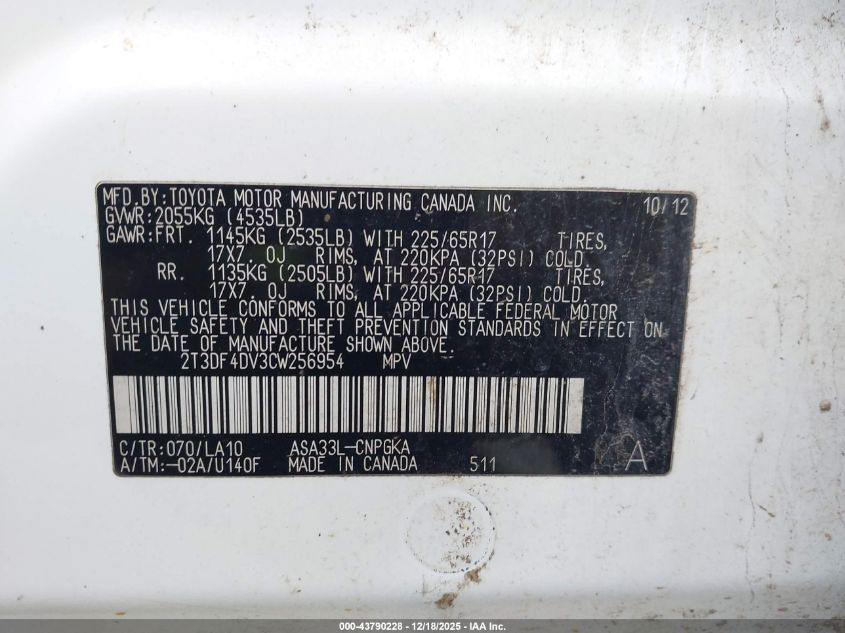 2012 Toyota Rav4 Limited VIN: 2T3DF4DV3CW256954 Lot: 43790228