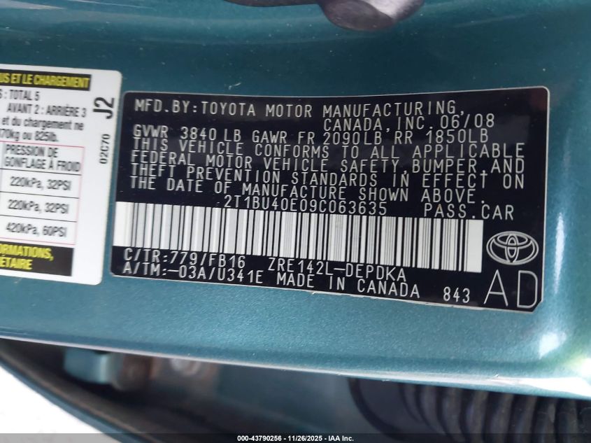 2009 Toyota Corolla Le VIN: 2T1BU40E09C063635 Lot: 43790256