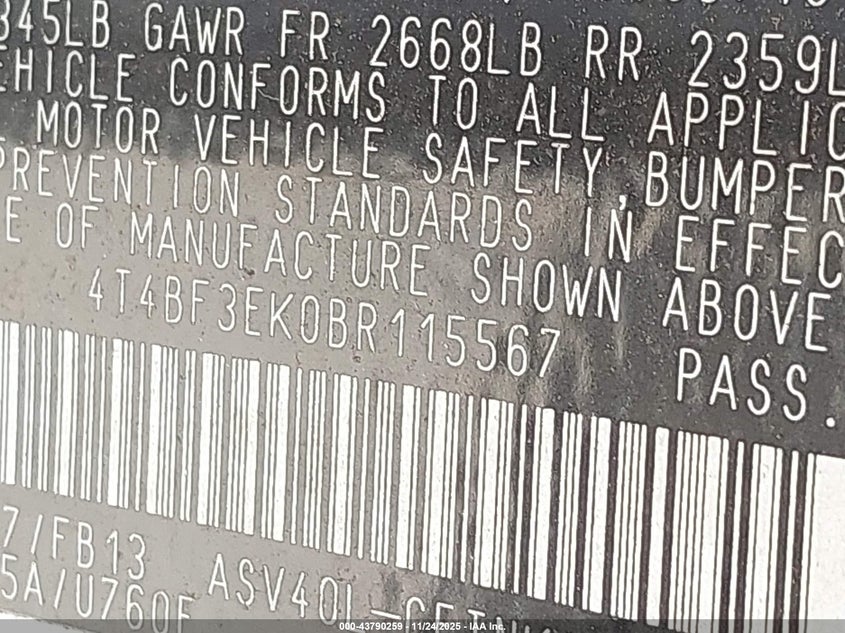 4T4BF3EK0BR115567 2011 TOYOTA CAMRY photo no. 9
