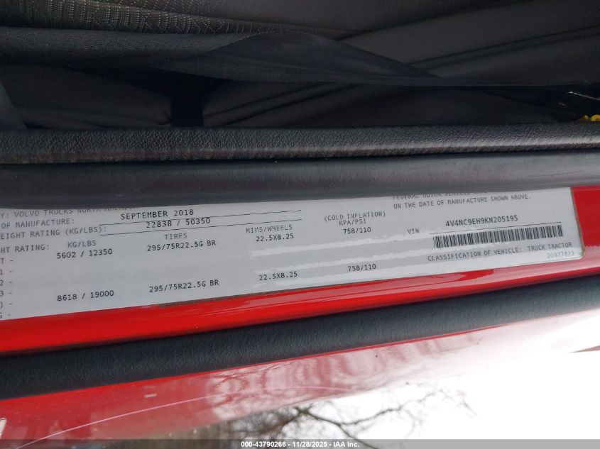 2019 Volvo Vnl VIN: 4V4NC9EH9KN205195 Lot: 43790266