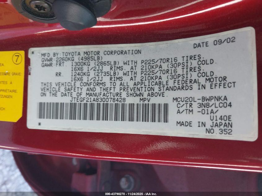 2003 Toyota Highlander Limited V6 VIN: JTEGF21A830078428 Lot: 43790278