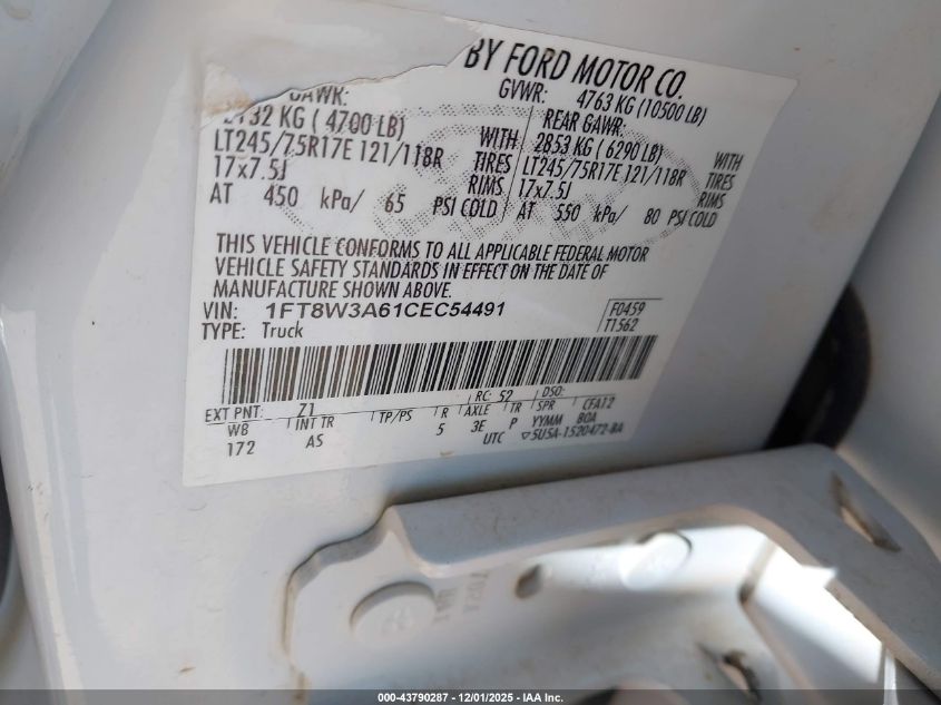 2012 Ford F-350 Xl VIN: 1FT8W3A61CEC54491 Lot: 43790287