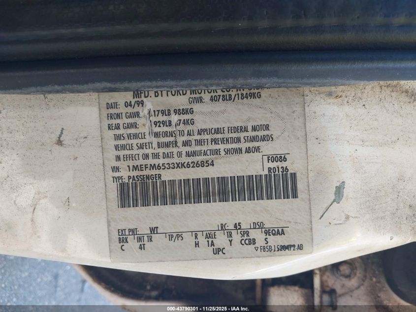 1999 Mercury Mystique Gs VIN: 1MEFM6533XK626854 Lot: 43790301