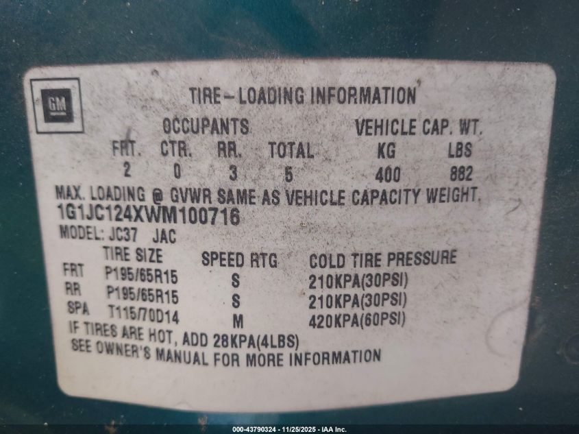 1998 Chevrolet Cavalier VIN: 1G1JC124XWM100716 Lot: 43790324