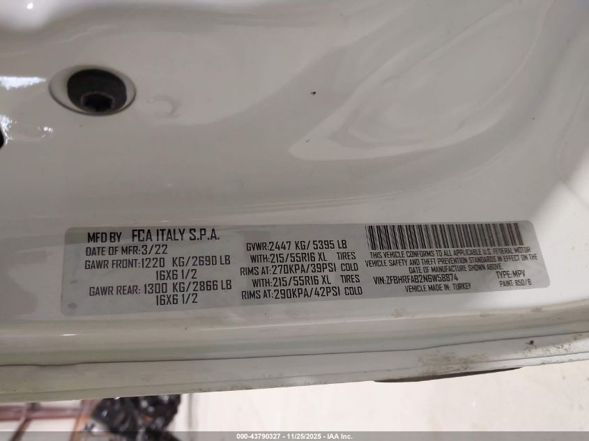 2022 Ram Promaster City Cargo Van VIN: ZFBHRFAB2N6W58874 Lot: 43790327